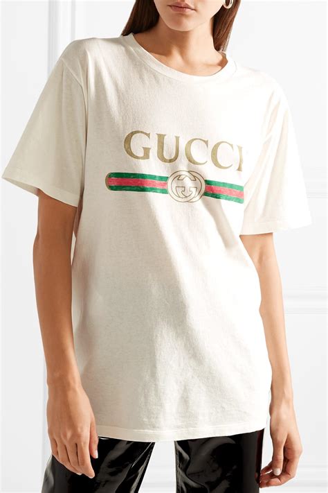 gucci applique distressed printed cotton jersey t-shirt|GUCCI Oversized appliquéd printed cotton.